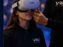 Staff VRC che aiuta una visitatrice a indossare il visore