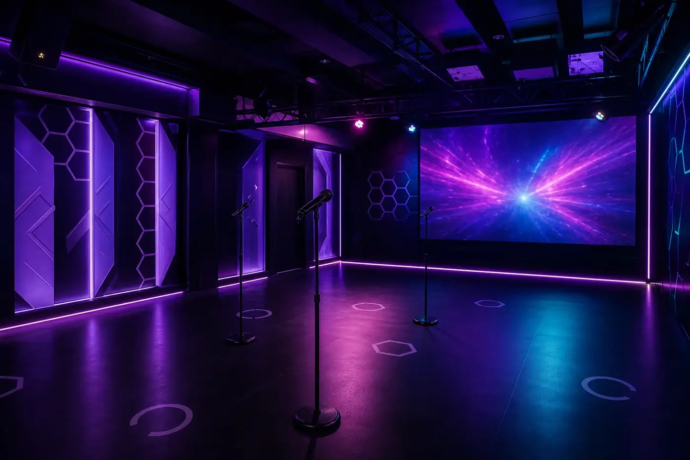 Karaoke Room VRC immersiva con luci neon e maxi schermo